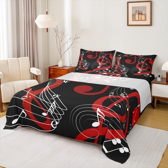 jejeloiu Music Melody Twin Sheet Sets,Rock Musical Twin Fitted Sheet,Red Black White Flat Sheet For Girls Boys,Microfiber Bedroom Decor,3pcs