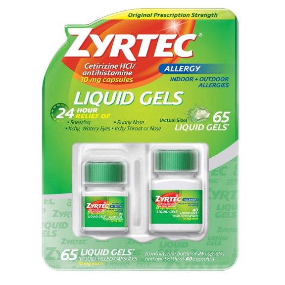 Zyrtec 24 Hour Allergy Relief Antihistamine Cetirizine HCl 10 mg, 65 Liquid Gels