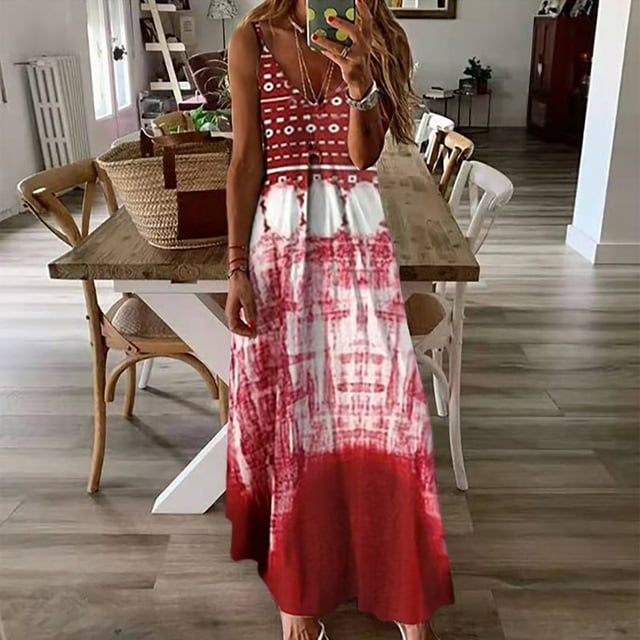 Qiopertar Mode Femmes Été Robe Longue Décontractée Col en V Imprimée Ample Sans Manches Livraison Gratuite à Moins de 5$ jusqu'à 90 % de Réduction