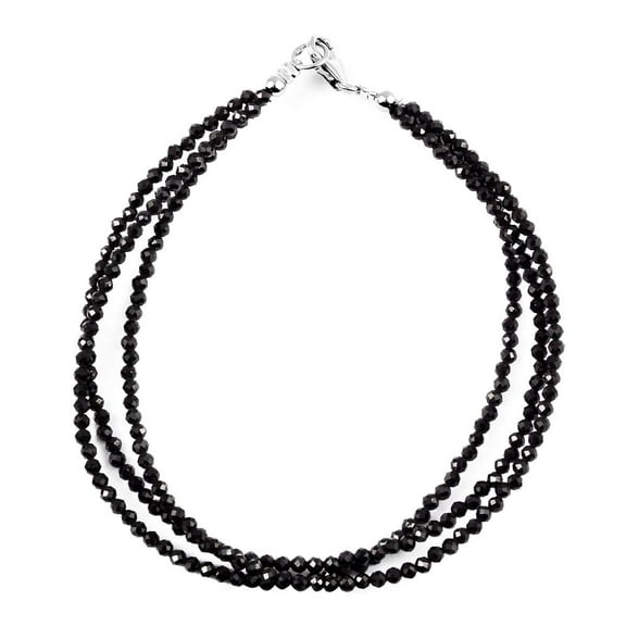 925 Sterling Silver Multi Strand Black Spinel Bead Diamond Cut Beaded Bracelet 7.5 inches Ct 18 - Triple Layered Beaded Bracelets for Women Birthday Gifts for Women