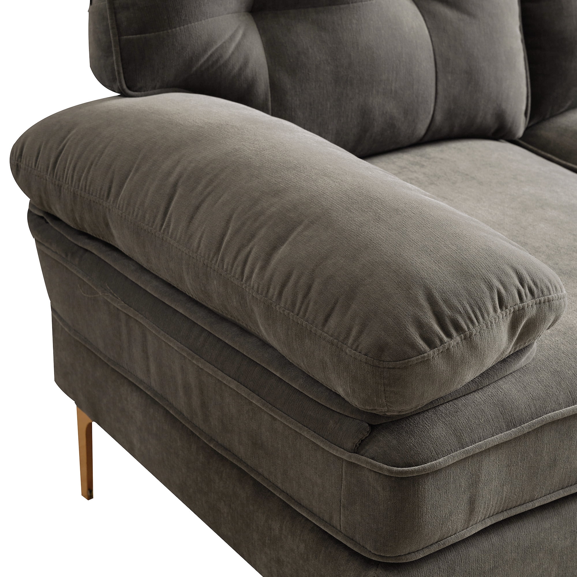 Aukfa 83" Velvet Sectional Sofa, Tufted Couch with Chaise for Living Room, Pillow Top Arm, Brown
