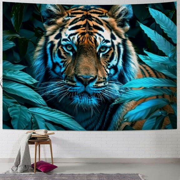 PRATYUS Tapestry Art Wall Hangings Tapestries Tiger African Wildlife Blue Leaves king of animals 40x30inch