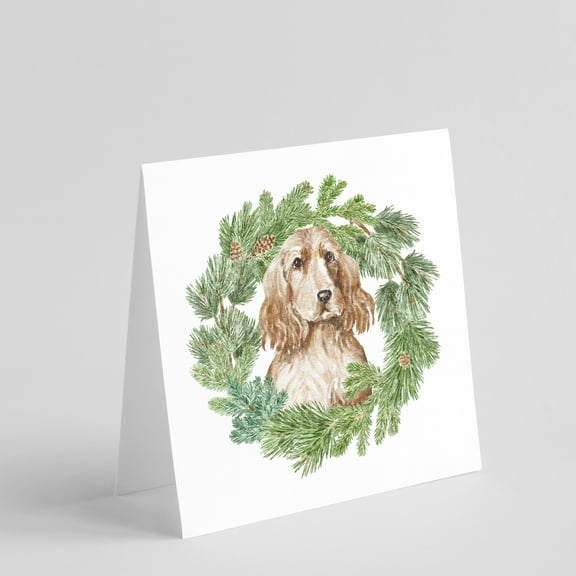 Cocker Spaniel Golden with Christmas Wreath Square Greeting Cards and Envelopes Pack of 8 5 in x 5 in