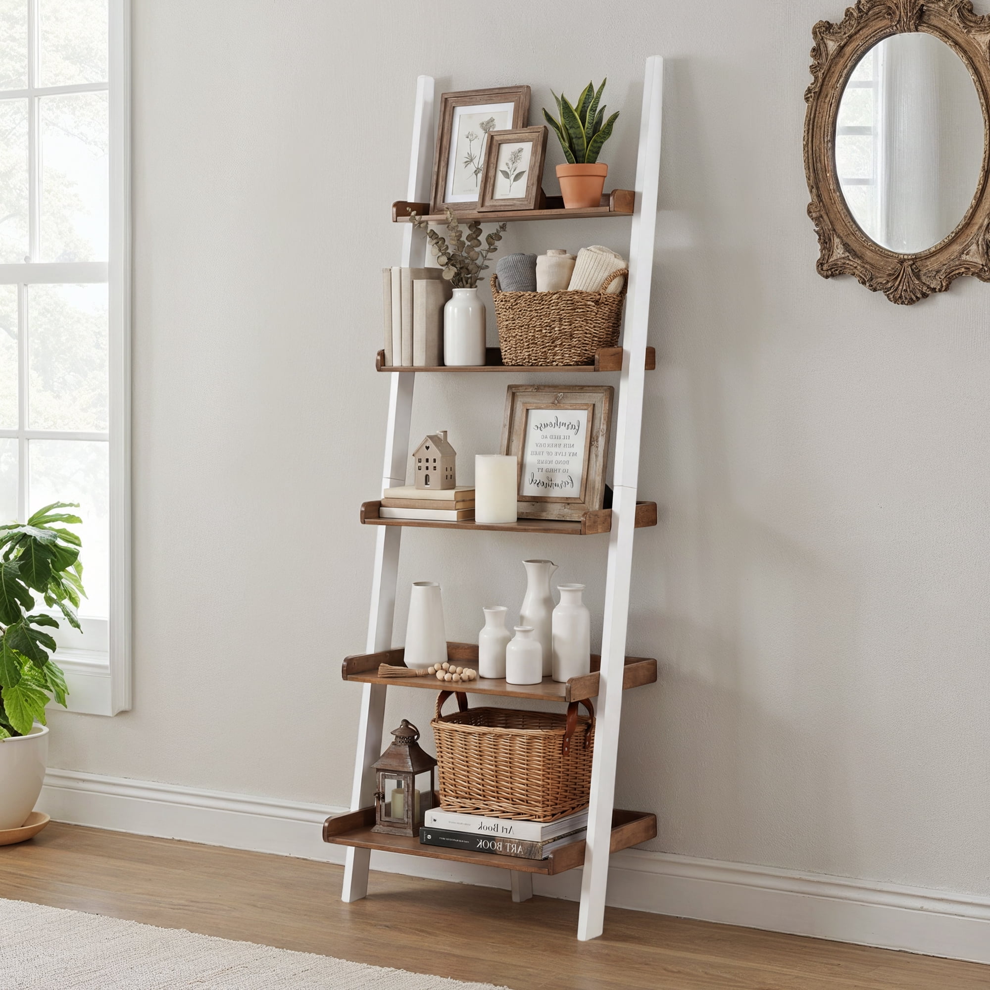 Convenience Concepts American Heritage 5-Shelf Ladder Bookcase, Driftwood/White