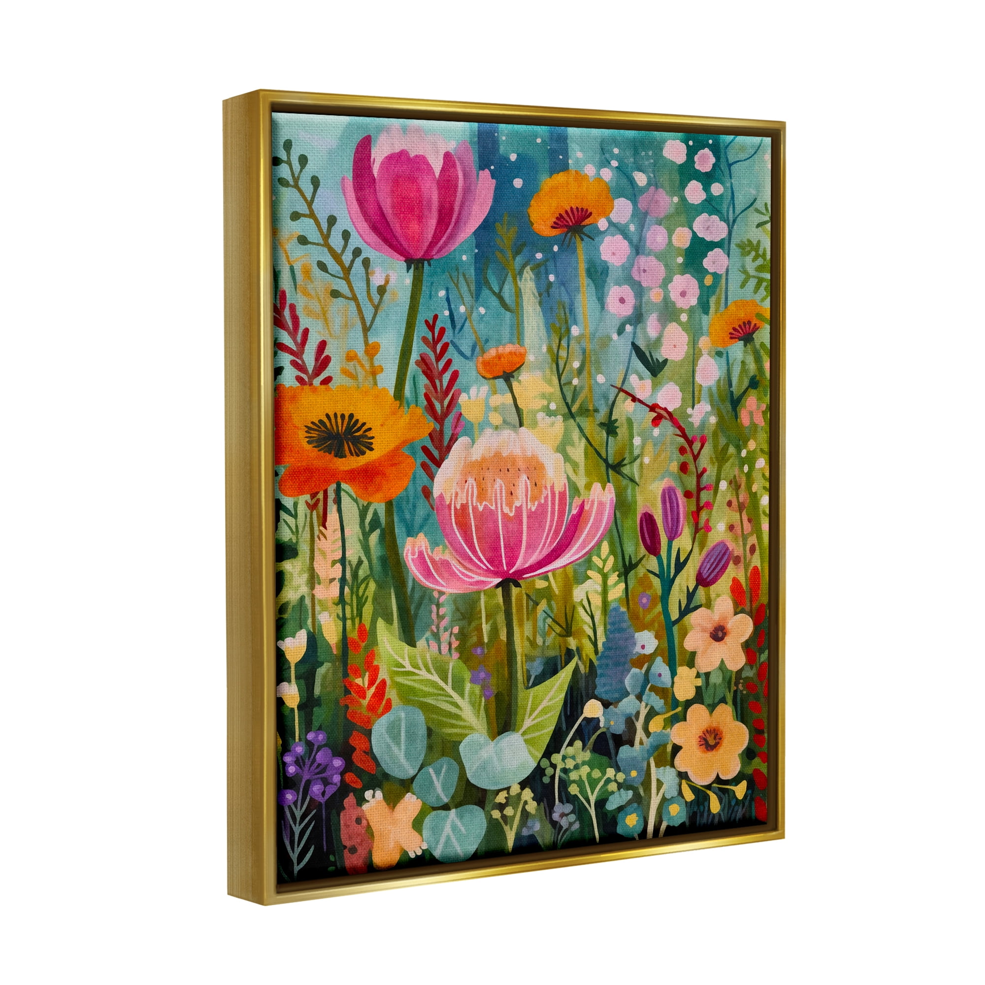 Stupell Industries Whimsical Floral Garden Botanical & Floral Painting Gold Floater Framed Art Print Wall Art, 25 x 31
