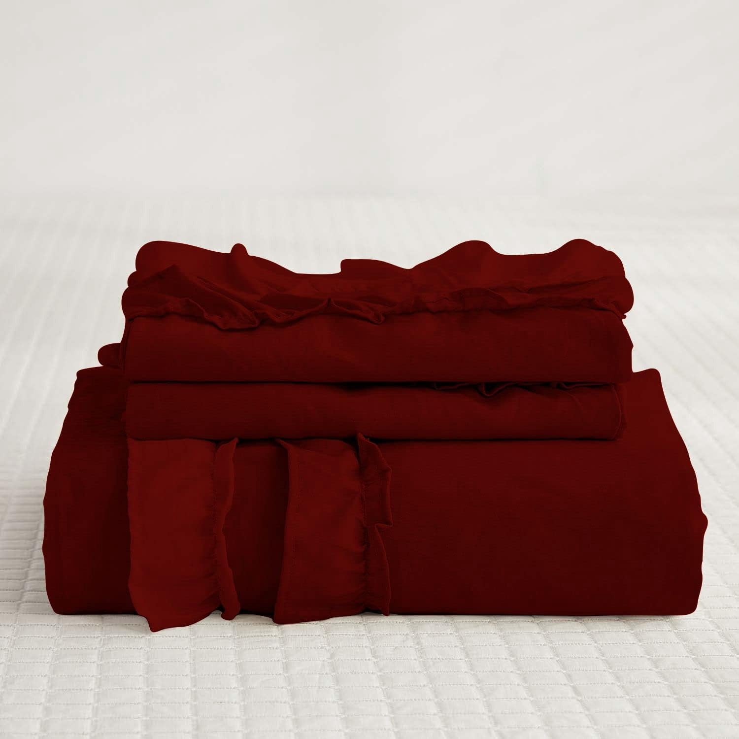 D.N.G. BEDDINGS Luxurious 3 Piece Double Ruffle Duvet Cover With Zipper Closure, 100% Egyptian Cotton, 800 Thread Cotton Super King Size Burgundy Solid