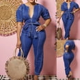 thumbnail image 2 of Lisingtool Overalls Women Denim Women's Slim Denim Long Jumpsuit Deep V Neck Denim Puff Sleeves Belted Tapered Jumpsuits for Women Dressy Blue, 2 of 8