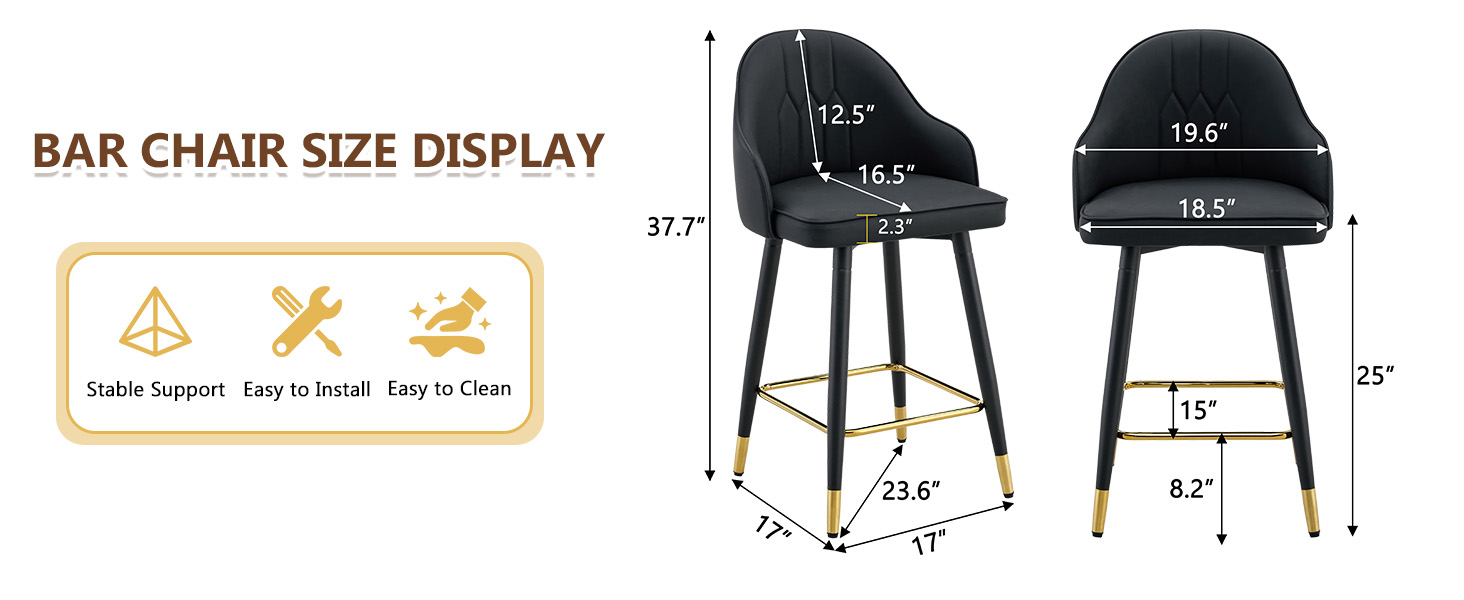 Mintazer Modern Bar Stools Set of 2, Waterproof PU Leather Bar Stool with Backrest & Gold Accent Footrest, Counter Height Bar Chairs for Kitchen Island, Black