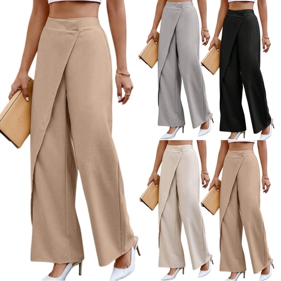 Women Asymmetrical Dressy Pant High Waisted Plain Loose Fit Wide Leg Pants Business Casual Work Trousers Suit Trousers Solid Color Loose Womens Pants 2026 Beige L