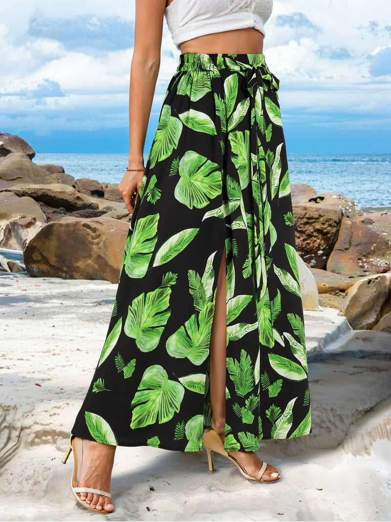 ZXSXSY Women Tie Front Elastic Waist Slit Long Skirt