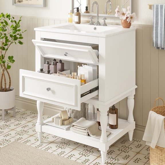 24" Bathroom Vanity with Ceramic Sink, Retro Design Storage Cabinet with 2 Drawers and Open Shelf, for Bathroom, White