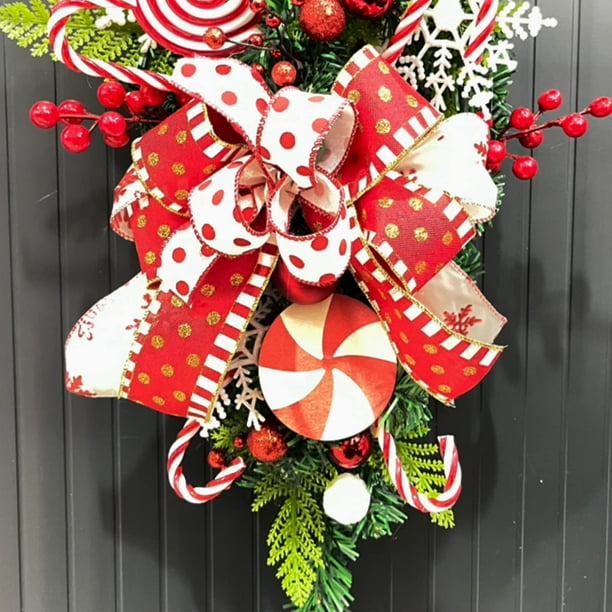 Coronas navideñas para puerta Corona navideña de bastones de caramelo con adornos de bolas navideñas para decoración interior y exterior del hogar