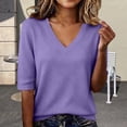 thumbnail image 2 of GZWYHT Women's Half Sleeve Ribbed Knit T Shirts Classic V Neck Slim Fit Soft Stretchy Casual Tops Comfy Everyday Tees Purple M, 2 of 9
