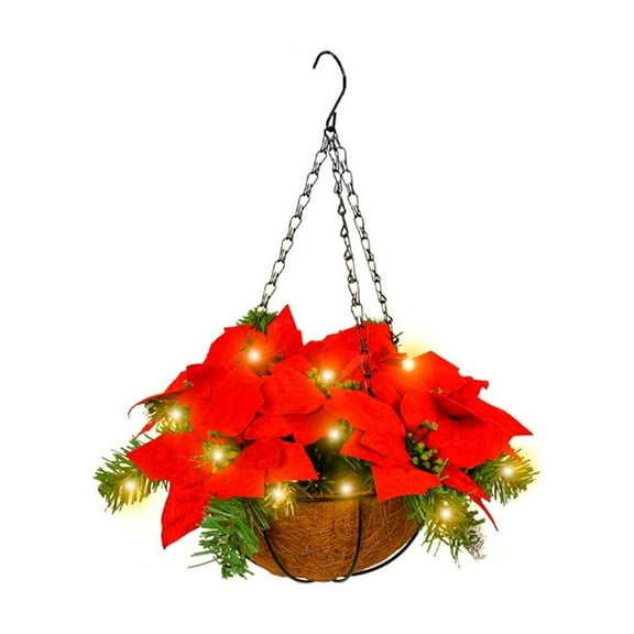 FORSHUYU 1pc Artificial Christmas Hanging Basket for Christmas Decor,Hanging Flowers Baskets for Outdoors Indoors Courtyard Decor,Silk Flower with 12 inch Flowerpot and LED Lights