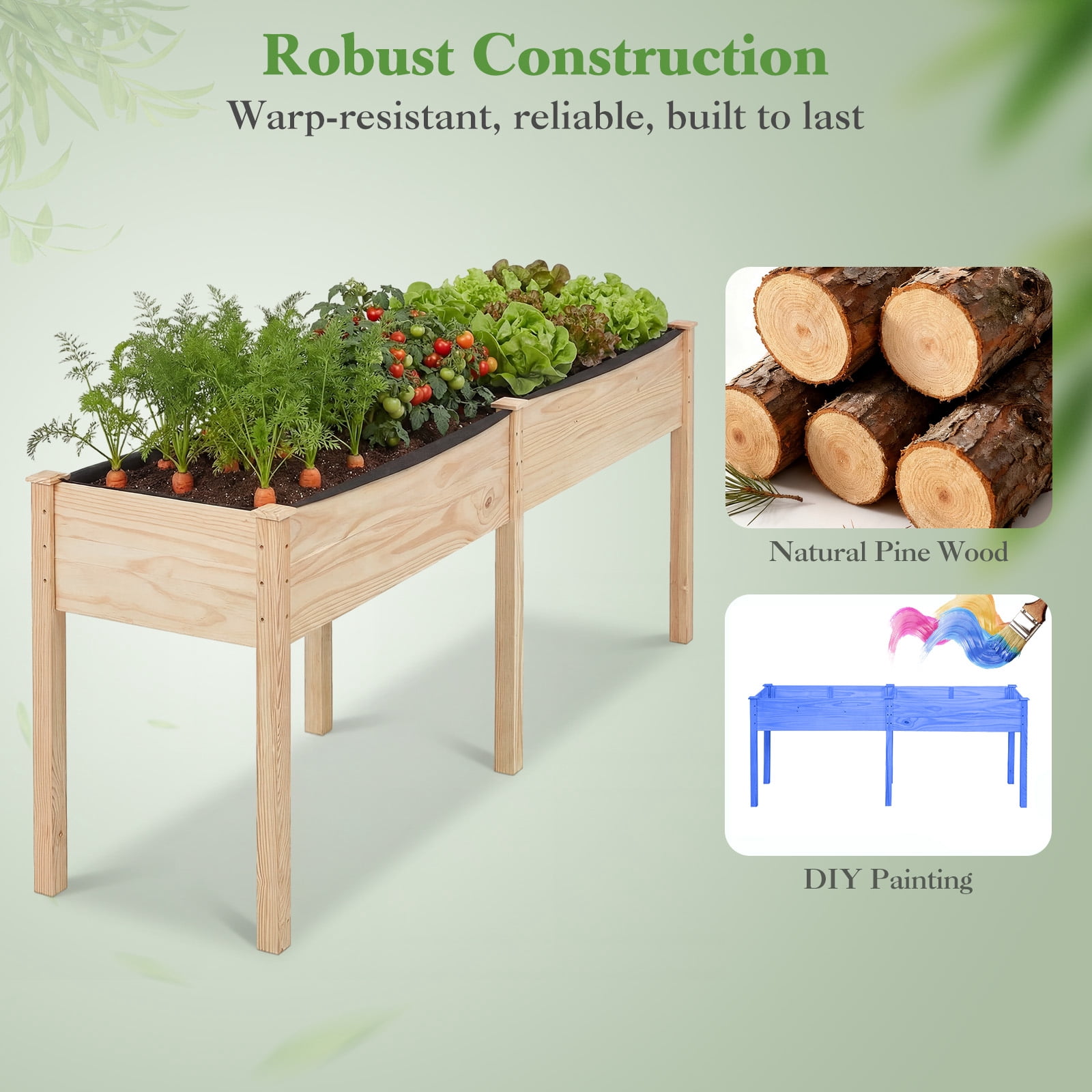 Costway Outdoor Raised Garden Bed with Legs 73x23x30in Wood Planter Box with Divider Panel Beige