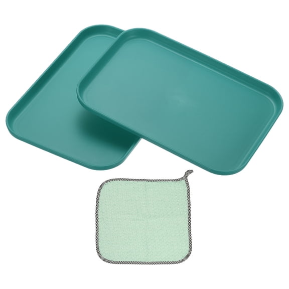 9.5x6.9" Rectangular Plates, 2 Pack Wheat Plastic Dinner Plates Dishes Reusable Unbreakable Dessert Plate Trays with Cloth for Cake Fruits Salad Cupcake Steak Serving Dark Green