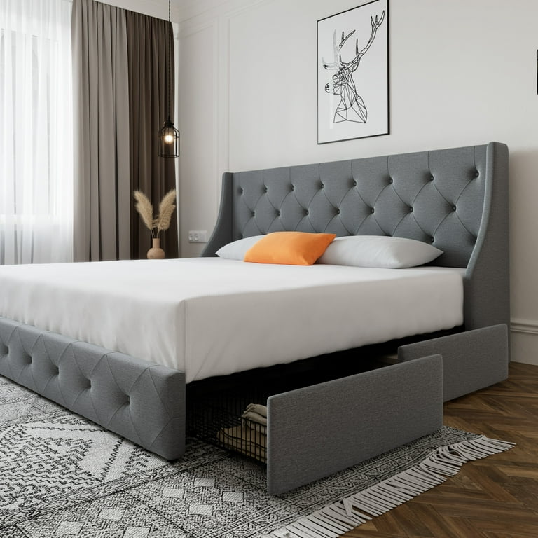 SHA CERLIN Upholstered King Size Platform Bed Frame, Light