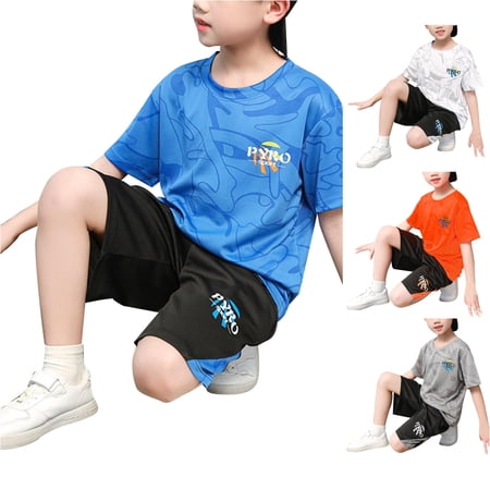 CUZIBR Boys Outfits Cartoon Print Crewneck Summer Quick Drying Sports Set Short Sleeved Tshirts Shorts Two Piece Basketball Suit With Pocket Clothes Sets Blue 2-3 Years