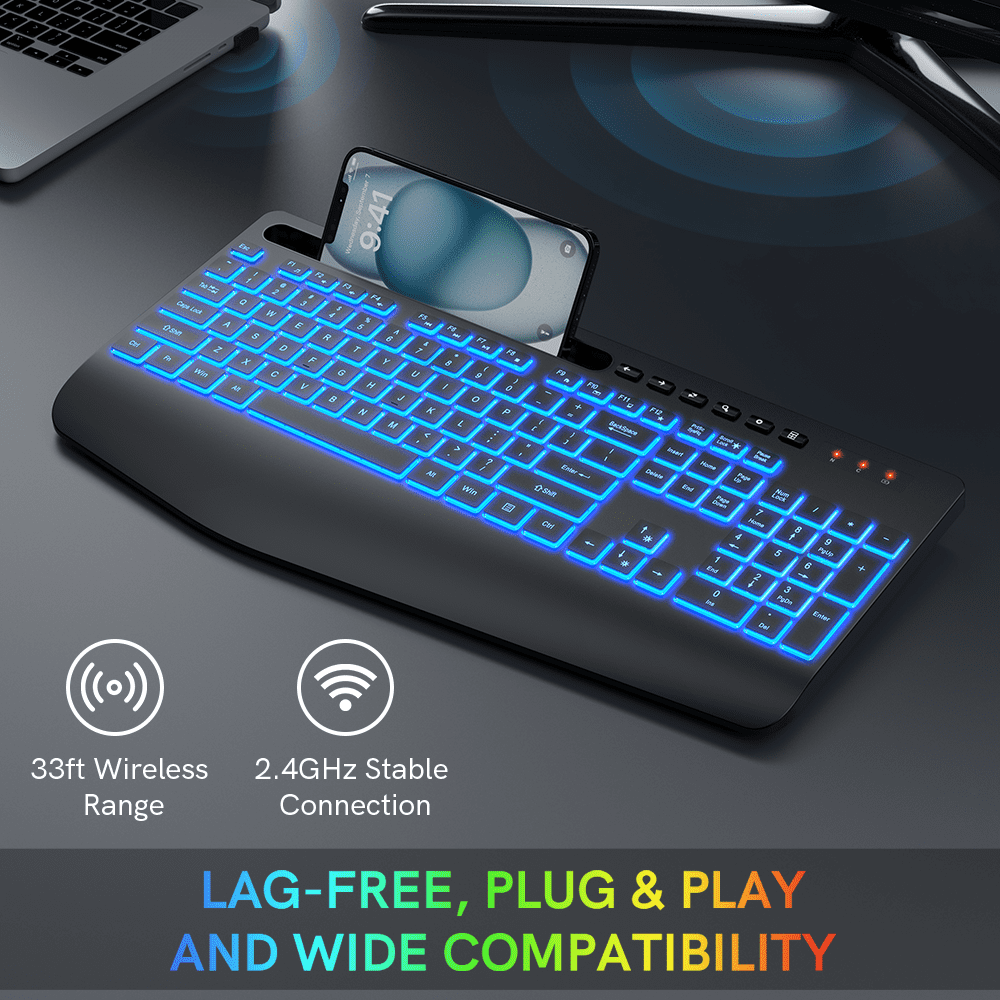 Wagpak Wireless Keyboard 7 Color Backlit Wrist Rest Rechargeable 112 Keys Quiet Keyboard