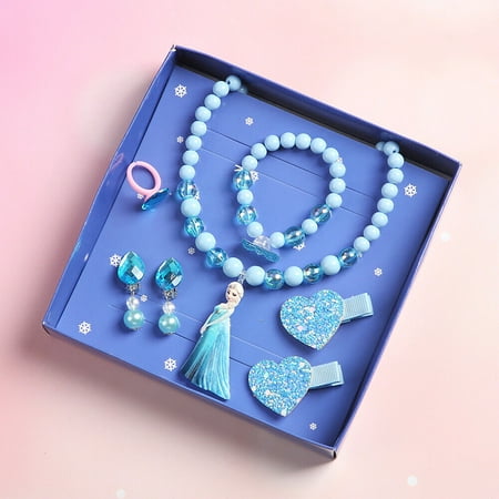 Princess Frozen Elsa Hello Kitty Necklace Earrings clip Ring Set Jewelry