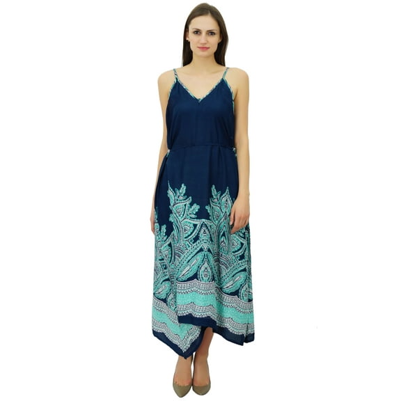 Bimba Women Blue Rayon Asymmetric Sun Dress Spaghetti Stram Boho Chic Beach Maxi