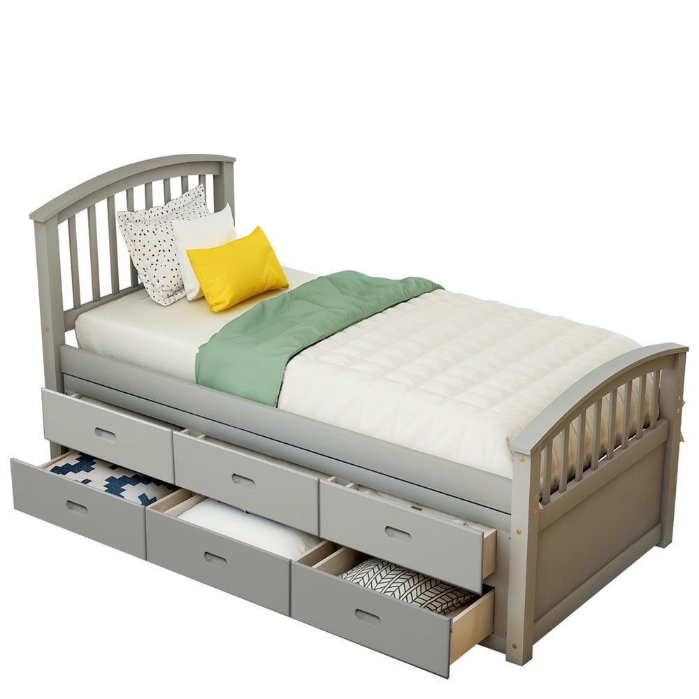 Twin Size Platform Storage Bed with 6 Drawers Rustic Solid Wood Kids Captains Bed with Under Bed