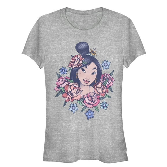 Junior's Mulan Floral Portrait  Graphic Tee Athletic Heather Large