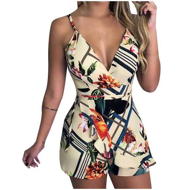 Pompotops Womens Fashion Leaf And Stripe Printed Sling Short Jumpsuit With Belt