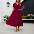 thumbnail image 2 of Women's Casual Summer Dress V Neck Bohemian Flowy Tie Waist Solid Color Short Sleeve Dress For Daily Wear With Jacquard Fabric, 2 of 5