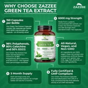 Zazzee Extra Strength Green Tea Extract 6000 mg – 150 Vegan Capsules – 20:1 Potency – 50% EGCG / 98% Polyphenols – 5‑Month Supply – Vegan • Non-GMO •Kosher• Made in USA