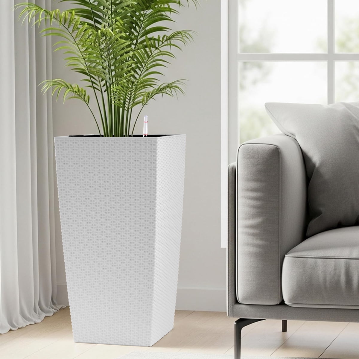 Set of 2 30 Inch Tall Large Flower Pots Self Watering Planters with Drain Holes Water Level Monitor Inner Bucket White