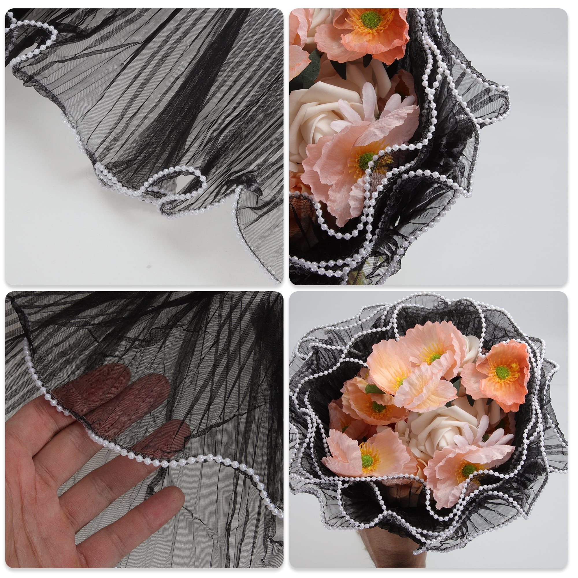 Unique Bargains Faux Pearl Edge Wrinkled Flower Wrap for All Occasions Black