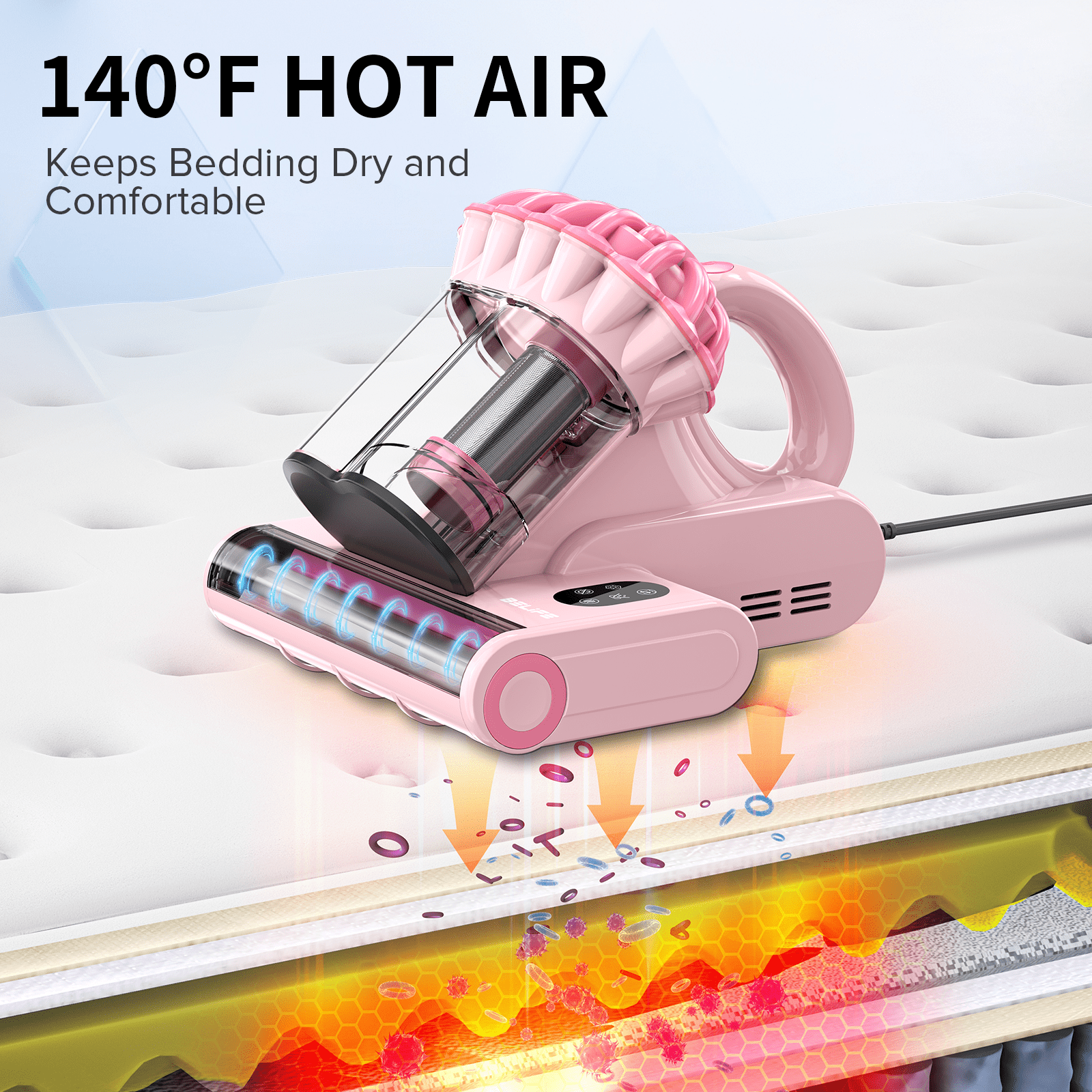 Belife M8 Mattress Vacuum Cleaner, Anti-allergen Bed Vacuum Cleaner with UV & Hot Air & High Heating, 550W 18Kpa Powerful Suction Double-Cup Handheld Vacuum for Bed, Couch, Sofa, Corded