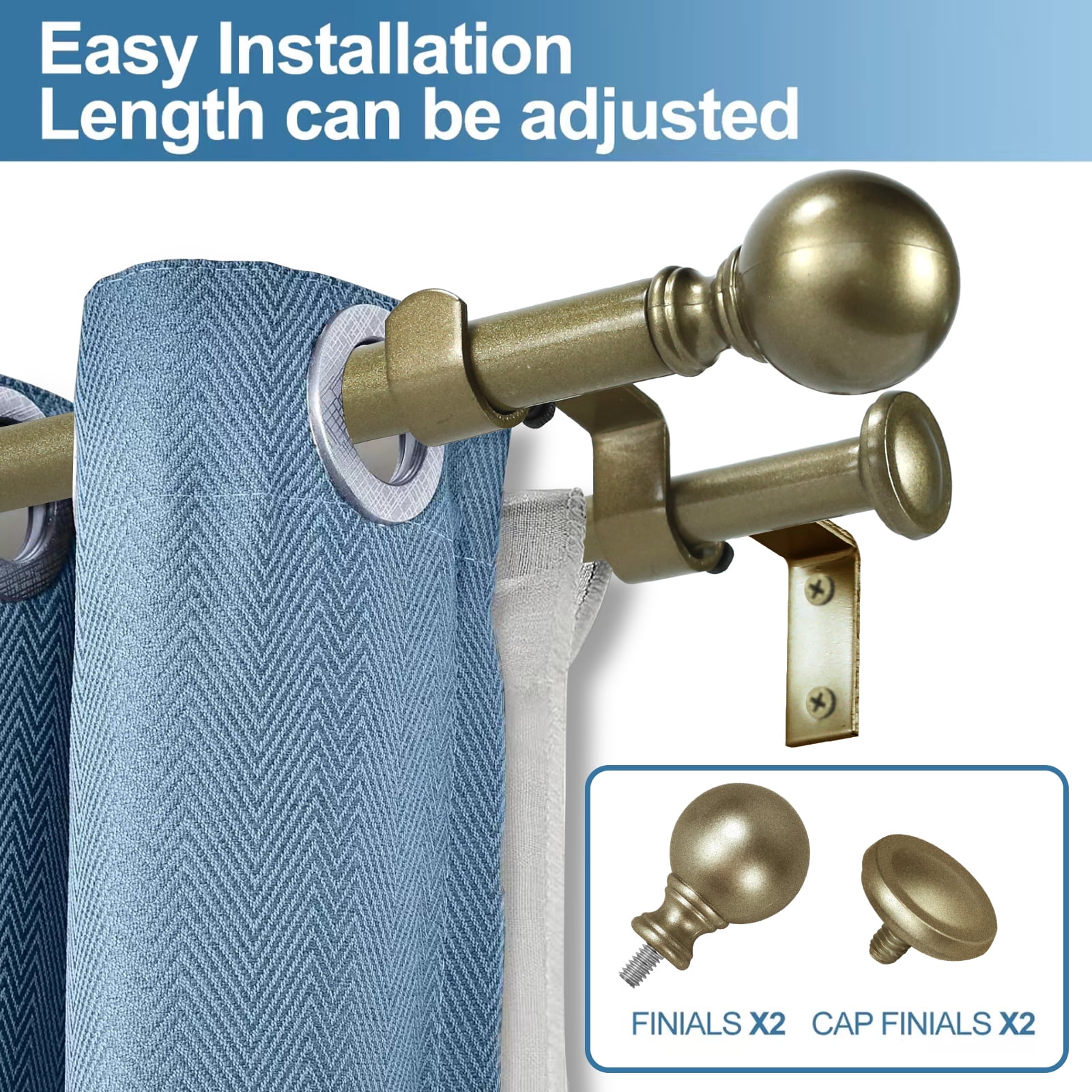 Urbanest Adjustable Double Curtain Rod Set Metal with Decorative Ball Finials, Heavy-Duty, 28"-48", Antique Gold