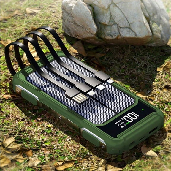 20000mAh Solar Power Bank with Digital Display, Built-in 4 Cables for All Phones, USB/Solar Charging for Camping Travel Outdoor Emergency