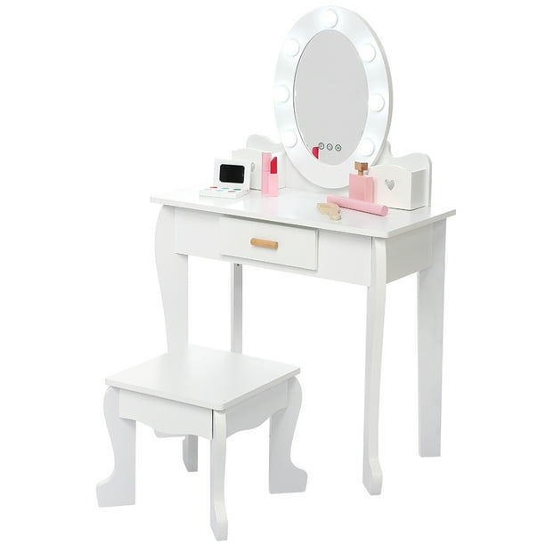 Kids Vanity with Mirror and Stool, Children Makeup Playset with Lights