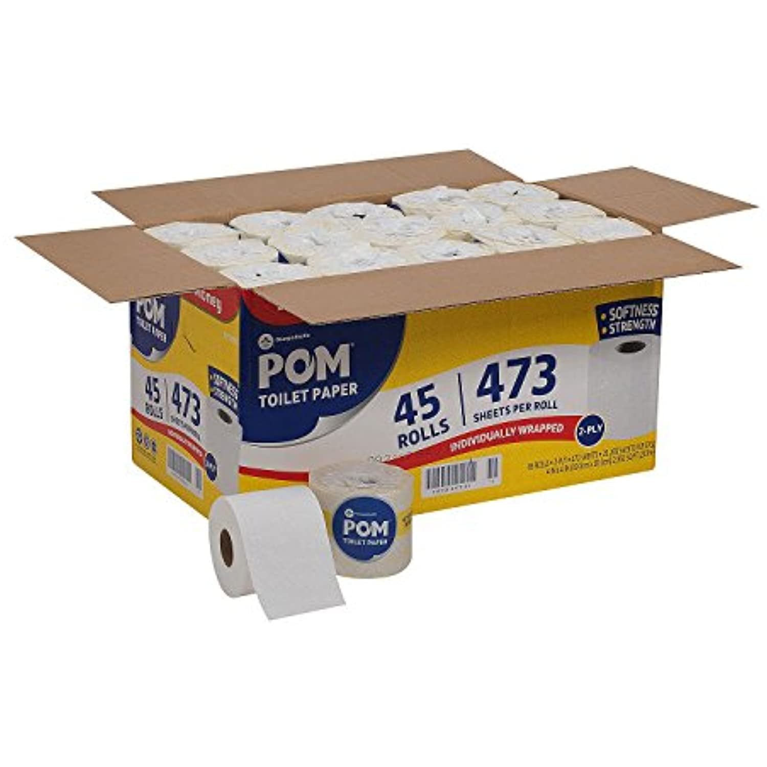POM Bath Tissue, 2-Ply, White, 473 Sheets/Roll, 45 Rolls/Carton (23.5 x 13.5 x 12.5 inches)