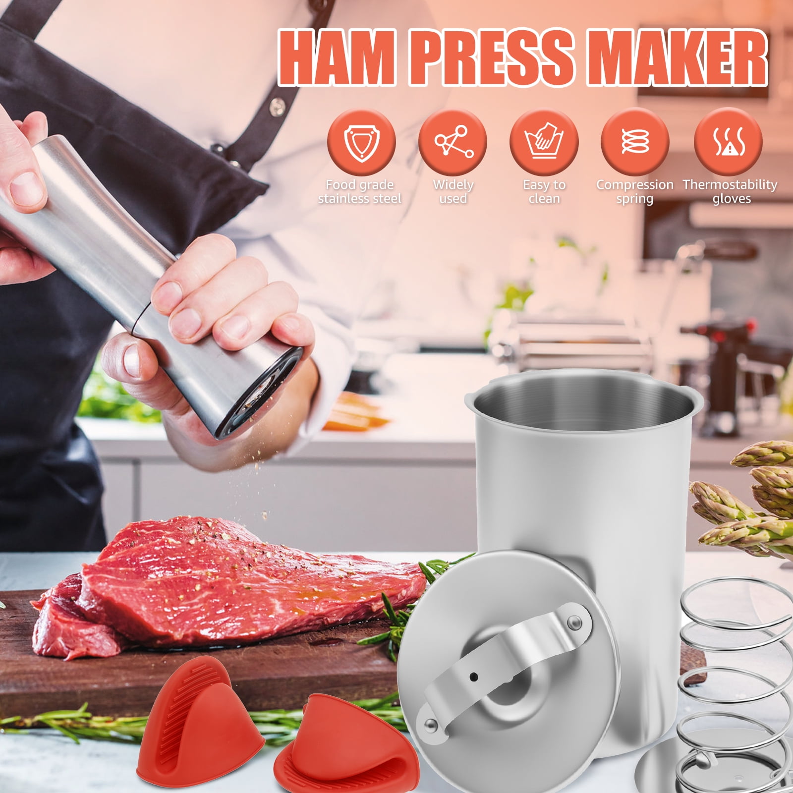 Ham Maker with ℉/℃ Cooking Thermometer and Silicone Kitchen Mittens Stainless Steel Meat Press Mold Reusable Deli Meat Press for Homemade Deli Meats Silver