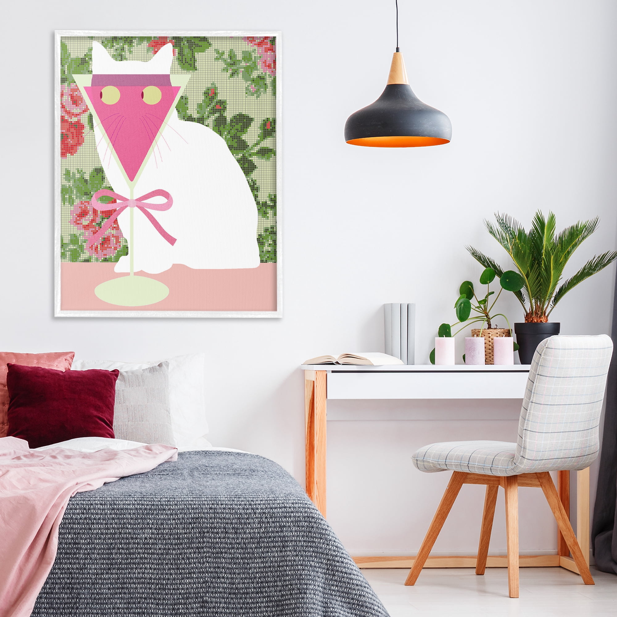 Stupell Industries White Cat with Pink Martini White Framed Giclee Art, design by Lil' Rue
