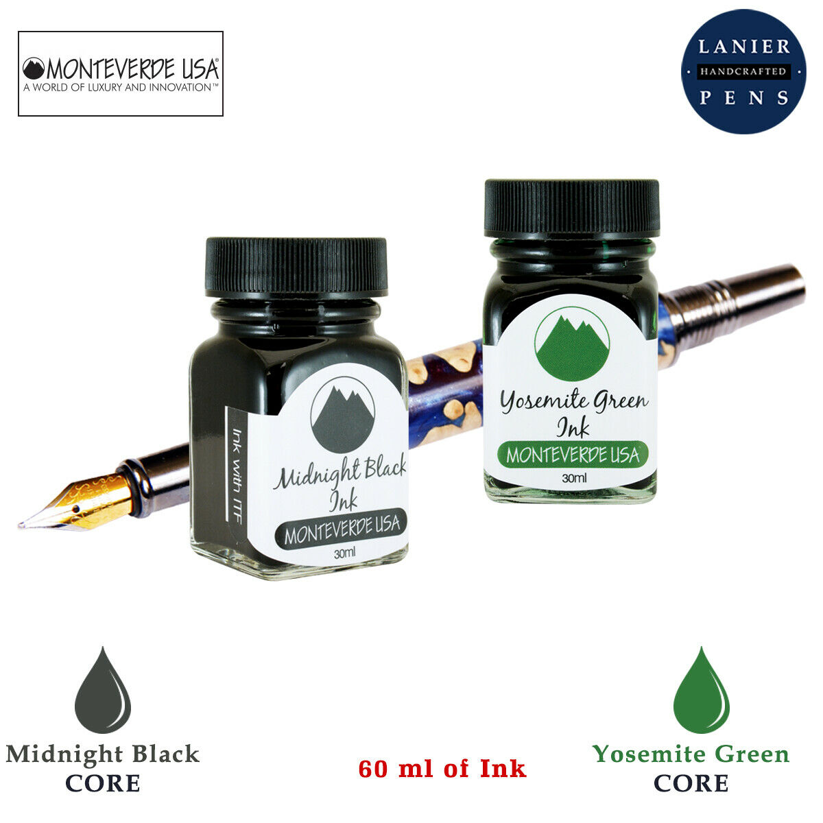 Monteverde 60ml Core Fountain Pen Ink Bottle (30ml Midnight Black Ink Bottle G309MB, 30ml Yosemite Green Ink Bottle G309YG)