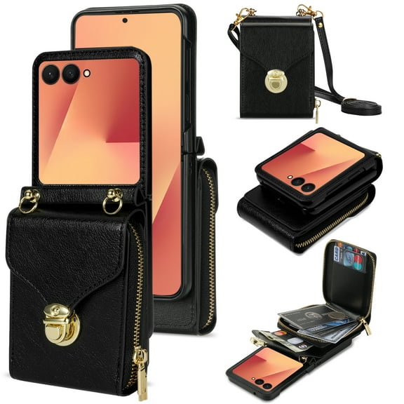 Handbag Wallet Case for Samsung Galaxy Z Flip 7 with Shoulder Strap, with Back Card Slots Holder PU Leather Magnetic Snap Zipper Flip Purse Shockproof Phone Cover for Galaxy Z Flip 7 - Black