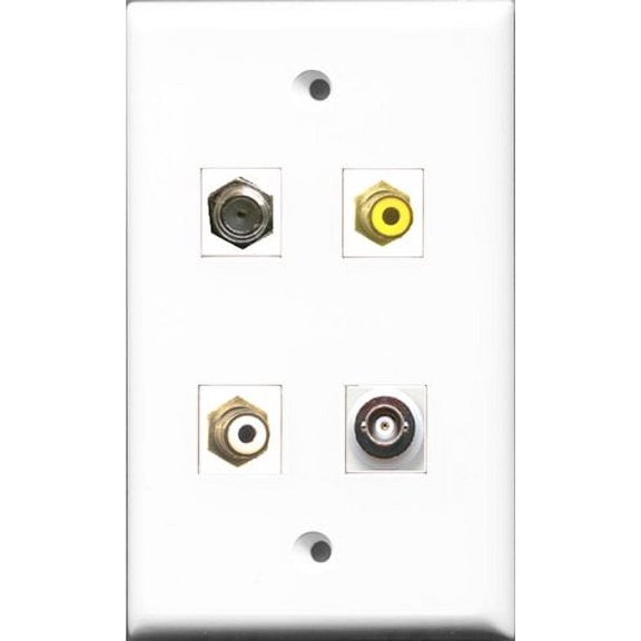 RiteAV 1 Port RCA White and 1 Port RCA Yellow and 1 Port Coax Cable TV- F-Type and 1 Port BNC Wall Plate