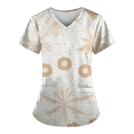 

TKing Fashion Independence Day Women Plus Size Scrubs Top V-Neck Short Sleeve Printed Pockets Work Blouse for Women Beige XL