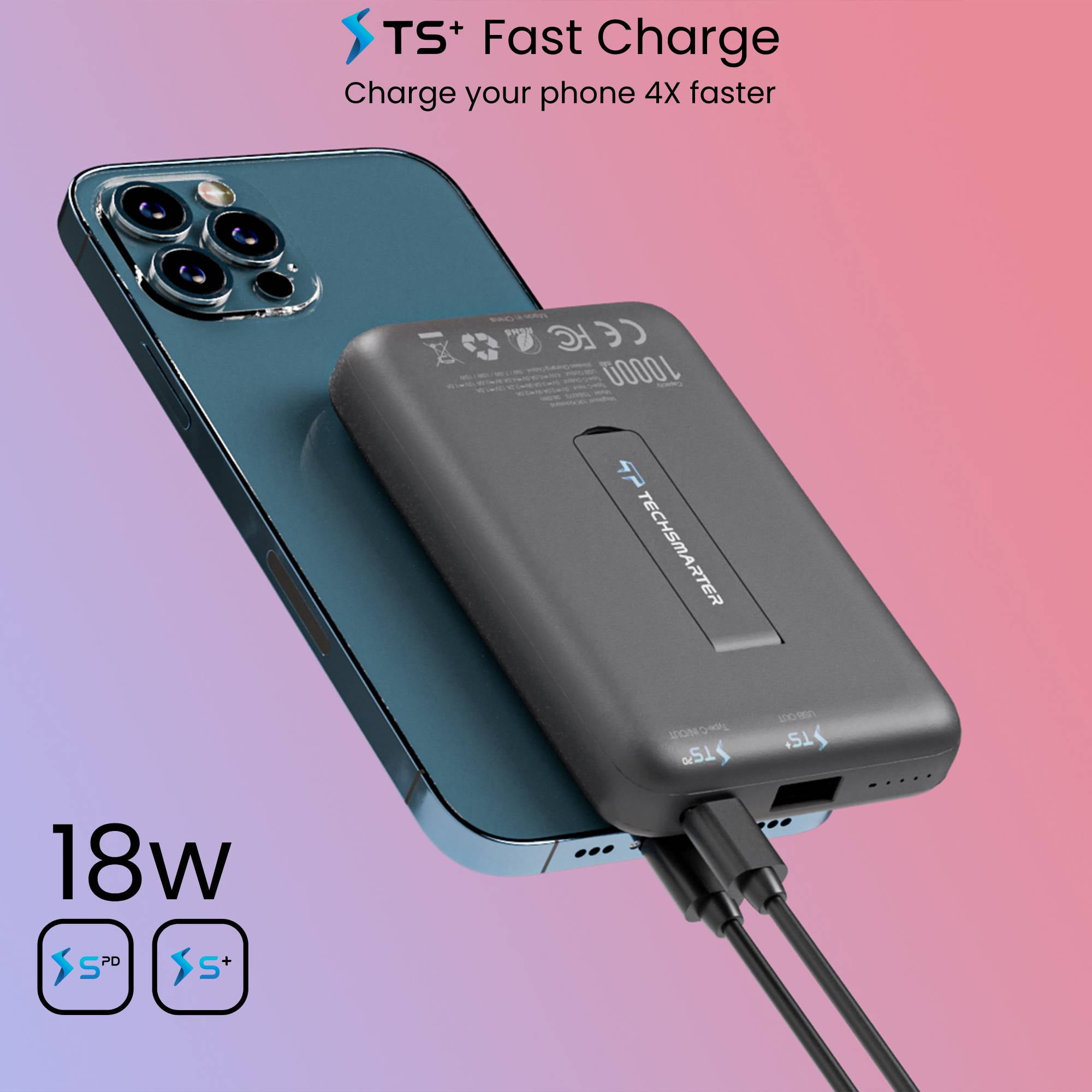 Techsmarter 10000mAh Magnetic Wireless Power Bank with Kickstand, Portable Charger for iPhone 12, 13, 14, 15 only
