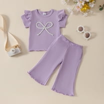 Delliss Girls Summer Clothes Girls Outfits bow short rolled edge bubble sleeves Tops waist long flared pants two-piece set Wide Leg Pants 0-3 Years