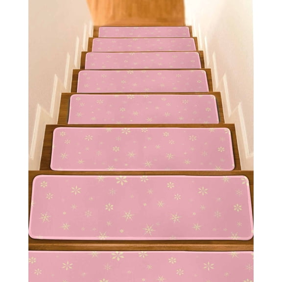 Christmas Pink Stair Treads for Wooden Steps Indoor Runner Rug Carpet, Winter Snowflakes Xmas Retro 4 Pieces Peel and Stick Staircase Step Treads Covers Washable Throw Door Mats, 30"x8"