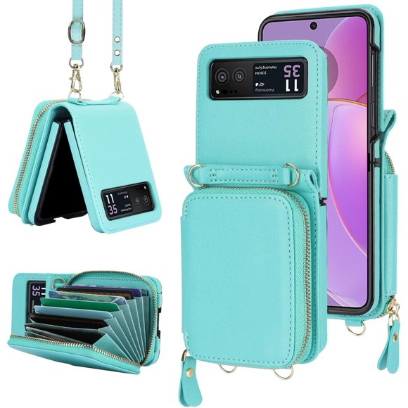 MYKOMI Phone Case for Motorola Razr 40/Moto Razr 2023 Wallet Cover with Credit Card Holder Zipper Slot Shoulder Crossbody Strap Lanyard RFID Blocking Mobile TPU Cell Purse XT2323-6 Women Girls Teal