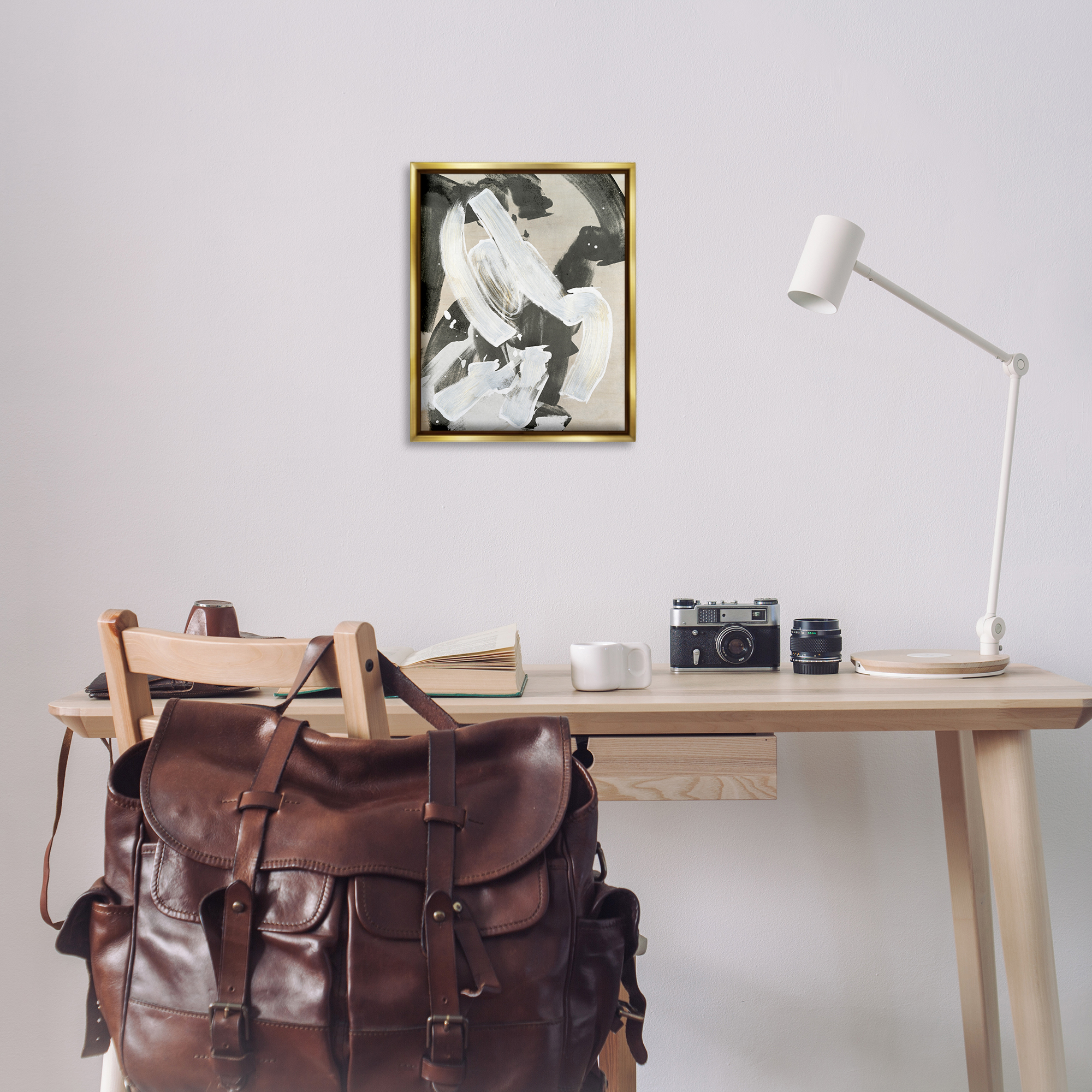 Stupell Industries Chaotic White Paint Streak Abstract Painting Gold Floater Framed Canvas Art Print Wall Art, 17 x 21