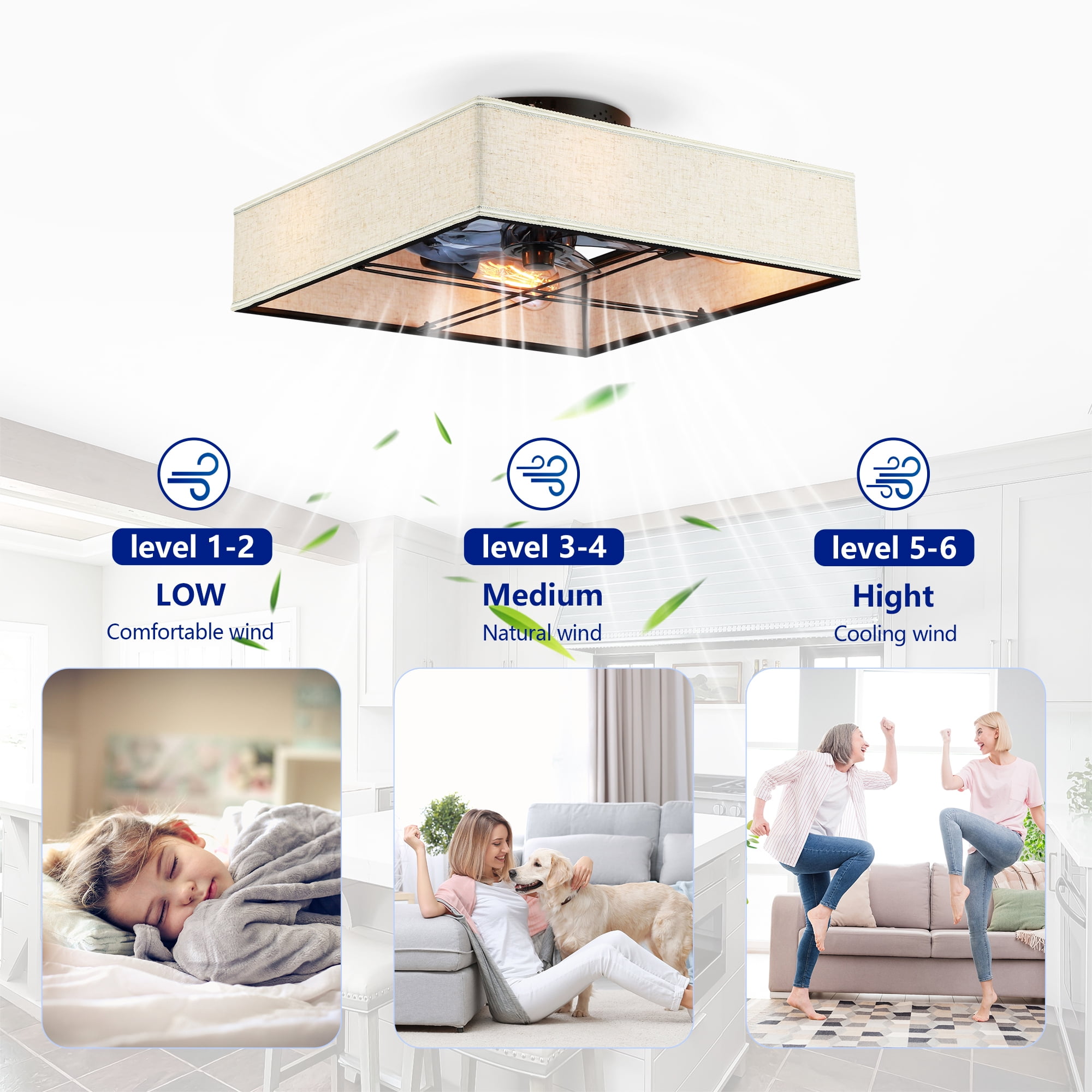 Leumius 16.6" Square Fabric Farmhouse Ceiling Fan with Light and Remote Control,Low Profile Modern Enclosed Ceiling Fans with Reversible Motor for Living Room,Bedroom,Kitchen (NOT Included Bulbs)