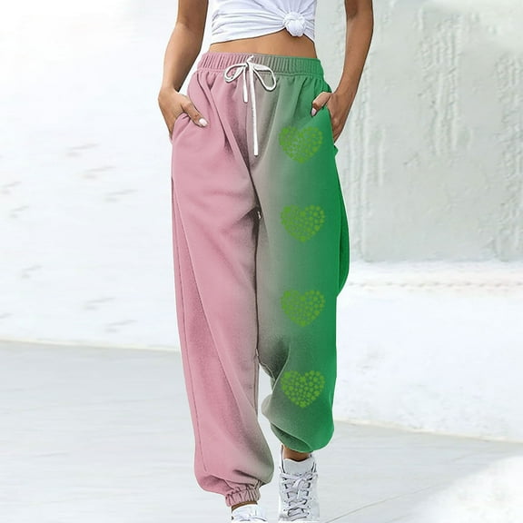Pants for Women Plus Size St.Patrick's Shamrock Printed Drawstring Graphic Pants Green L